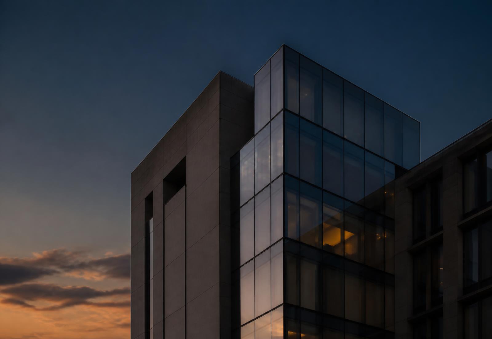 Modern office building at dusk representing the real estate sector
